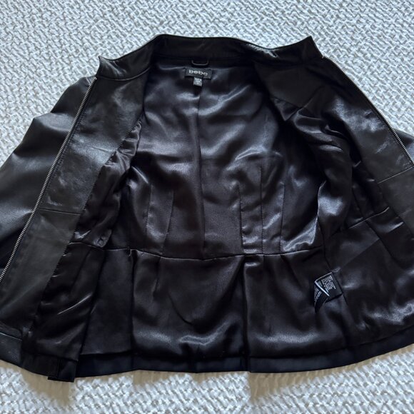 Vintage BEBE Black Leather Moto Jacket with Laceup Back and Peplum Skirt, Small - Picture 9 of 14
